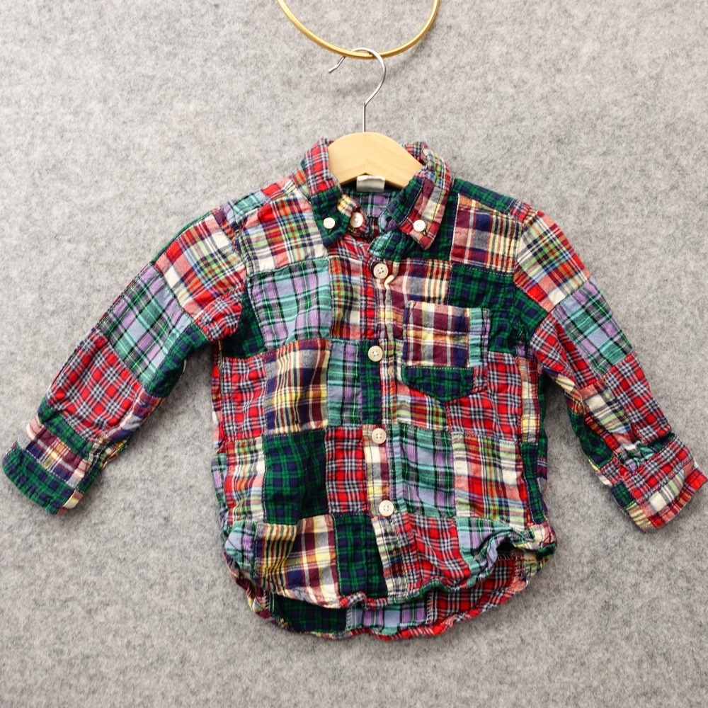 Patchwork Button Down Shirt Boys 12 18M BABY GAP Madras Plaid Preppy Holiday Ivy